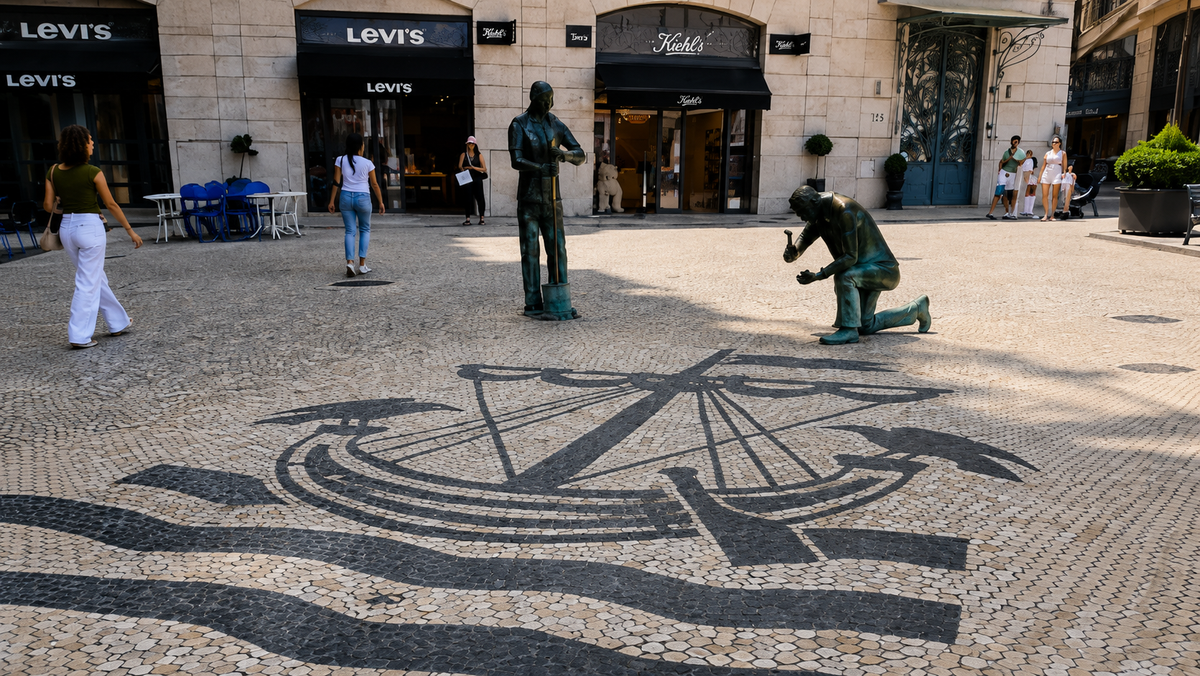 Lisbon pavement mosaic featuring a traditional boat and waves in a city square.
