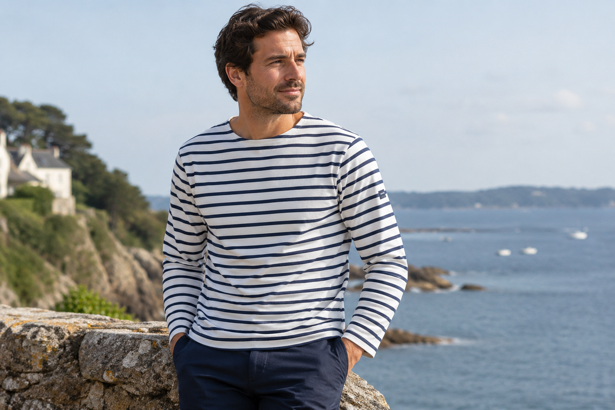 Man wearing the Original Breton Shirt by the coast